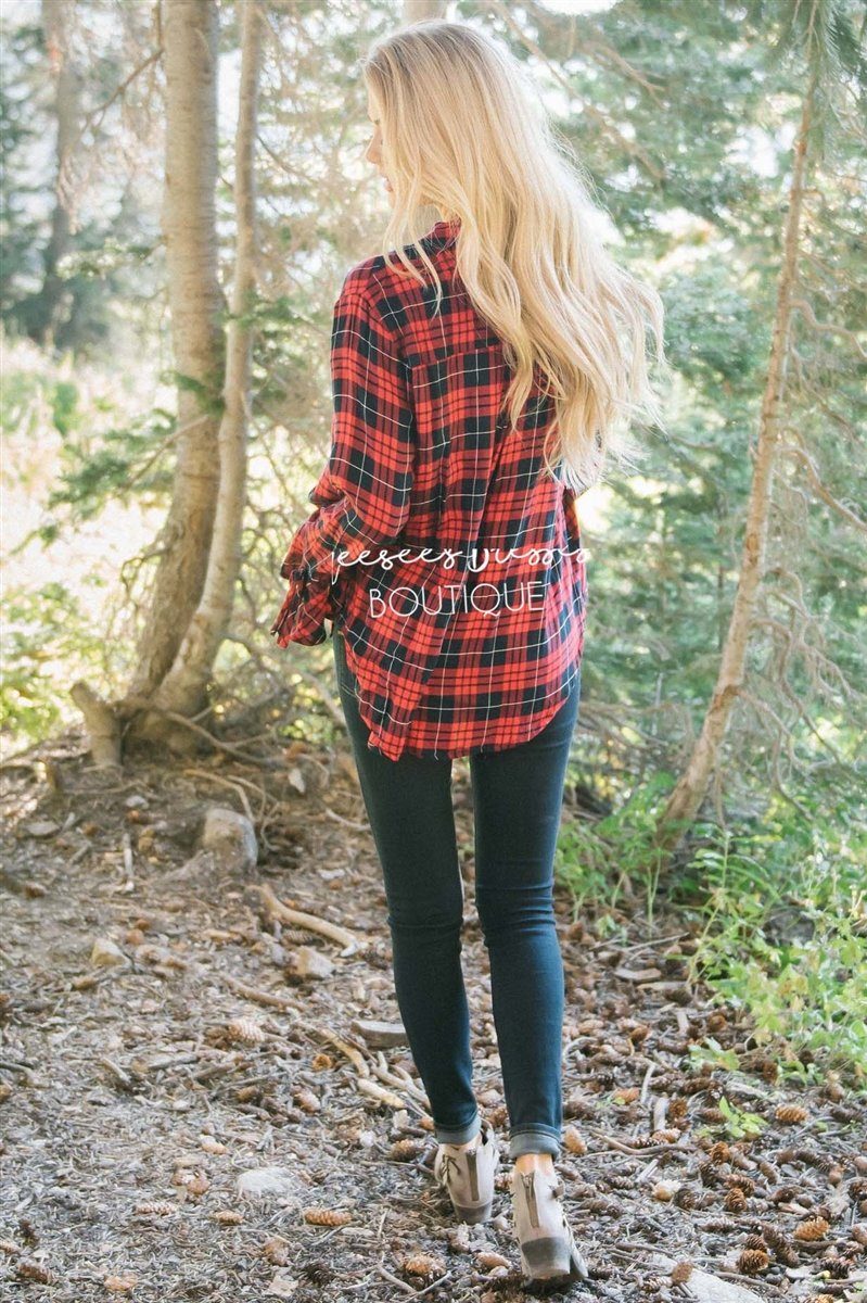 Plaid Button Down Tie Sleeve Top