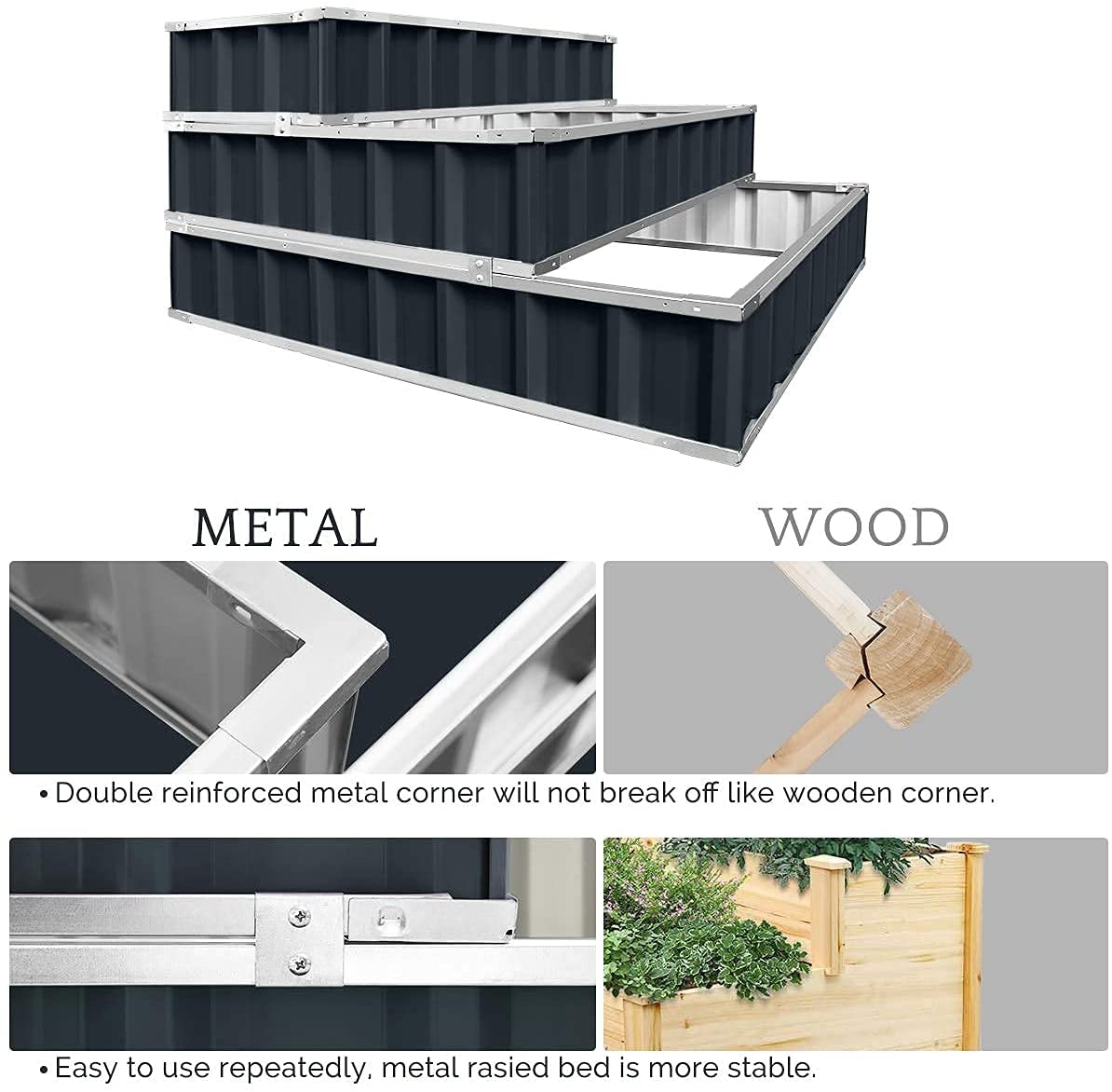 3 Tiers Raised Garden Bed Dismountable Frame Galvanized  Metal Patio Garden Elevated Planter Box 46\u2019\u2019x46\u2019\u2019x23.6\u2019\u2019 for Growing Vegetables  (Dark Grey)