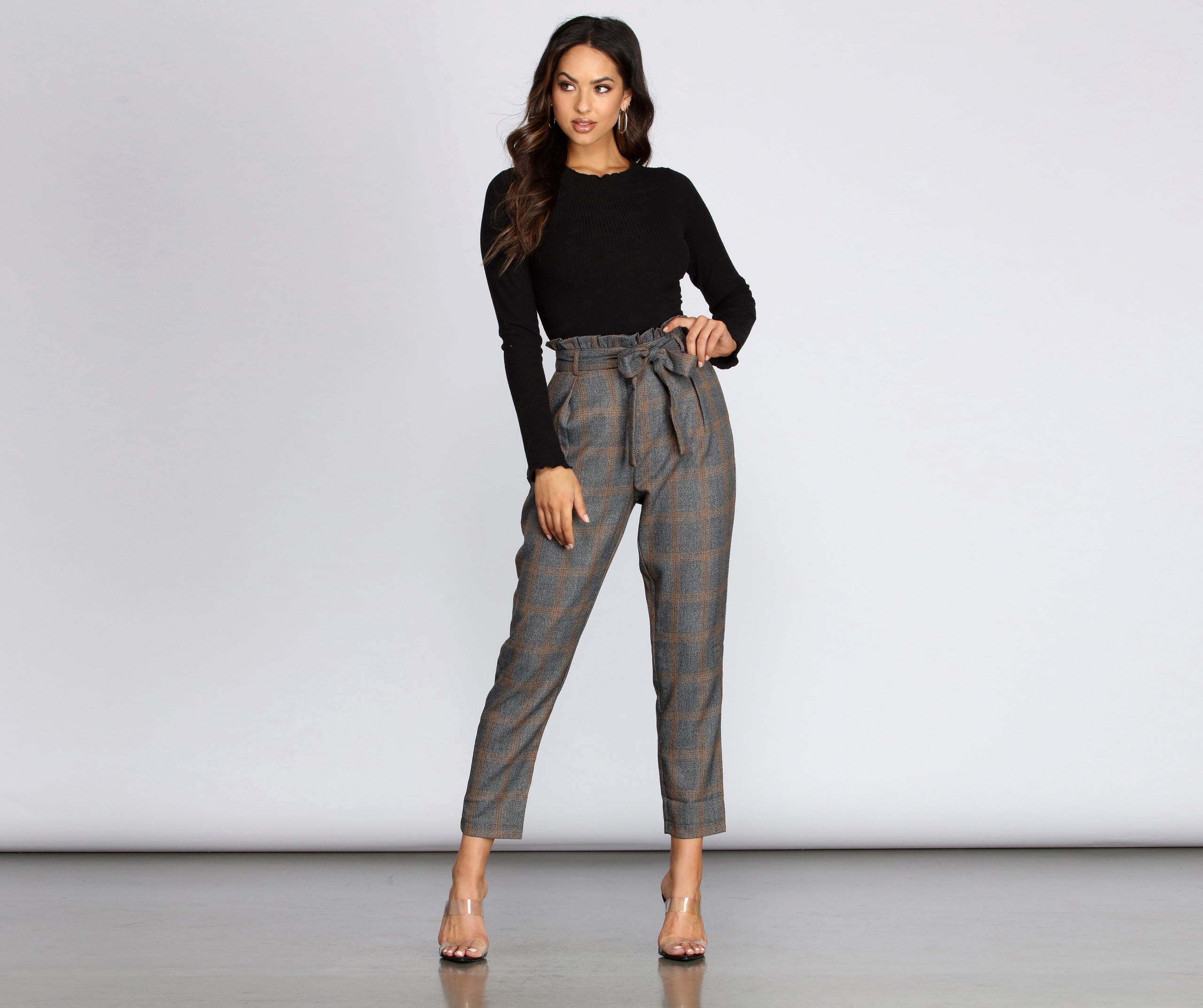 Plaid Paper Bag Tapered Pants