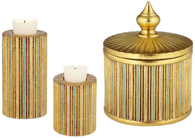 Kensington Hill Tomak Gold 3 piece Pillar Candle Holder And Jar W Lid Set