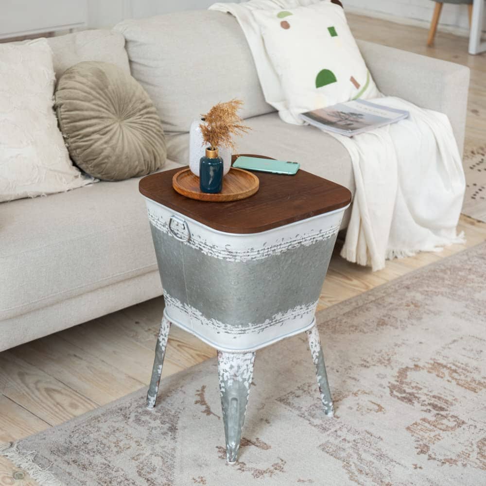 Farmhouse Accent Side Table - Galvanized Rustic End Table. Metal Storage Bin