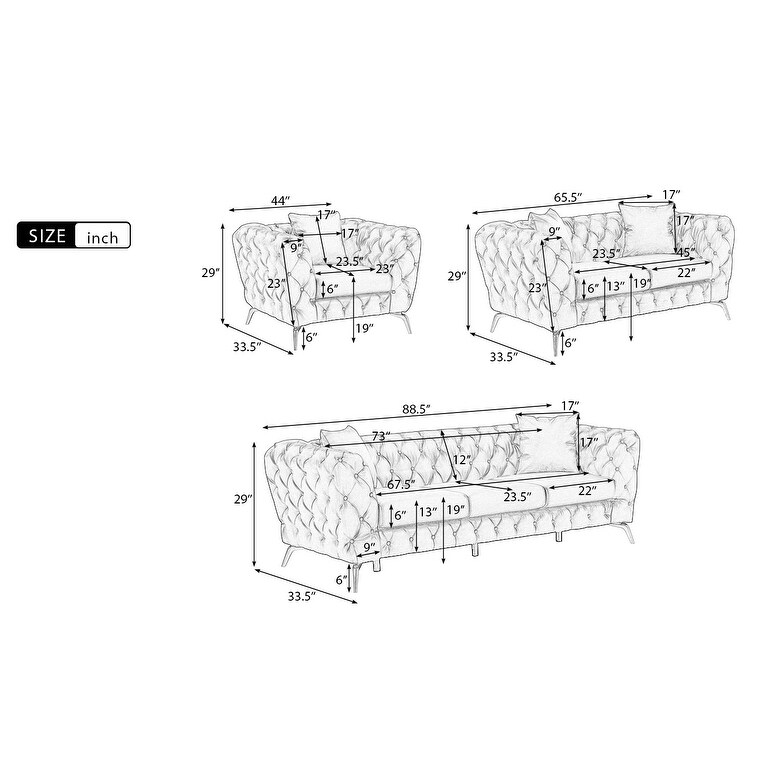 PU Upholstered Sofa Set with Button Tufting  Sturdy Metal Legs  PU Pillows