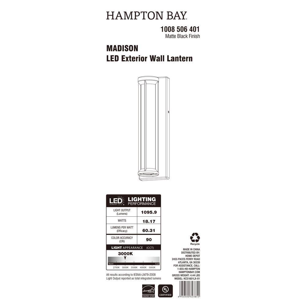 Hampton Bay Madison 18 in. H Black Integrated LED Outdoor Wall Sconce Light Frosted Glass KCS1601LX-01