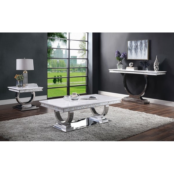 ACME Zander Sofa Table in White Printed Faux Marble and Mirrored Silver Finish