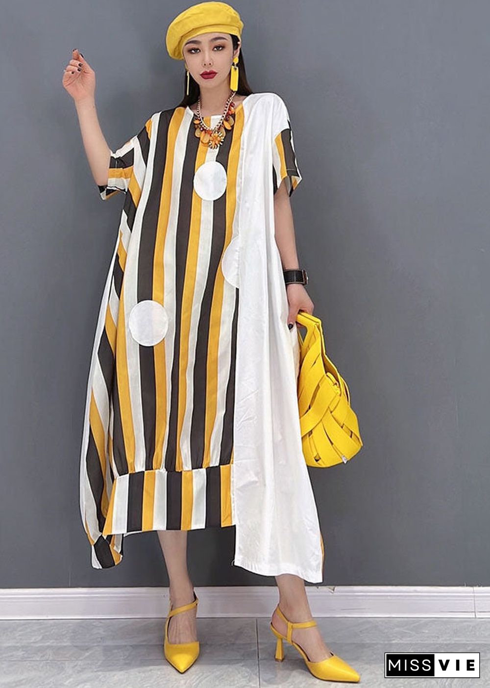 Chic Yellow Asymmetrical Striped Print Patchwork Cotton Maxi Dresses Short Sleeve