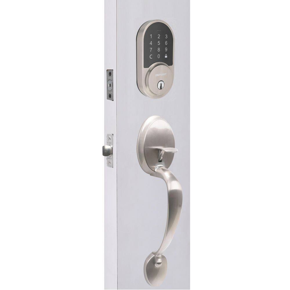 Defiant Wilmington Satin Nickel Door Handleset with Round Smart Hubspace WiFi Deadbolt and Hartford Interior Knob 32HY2X2GZB