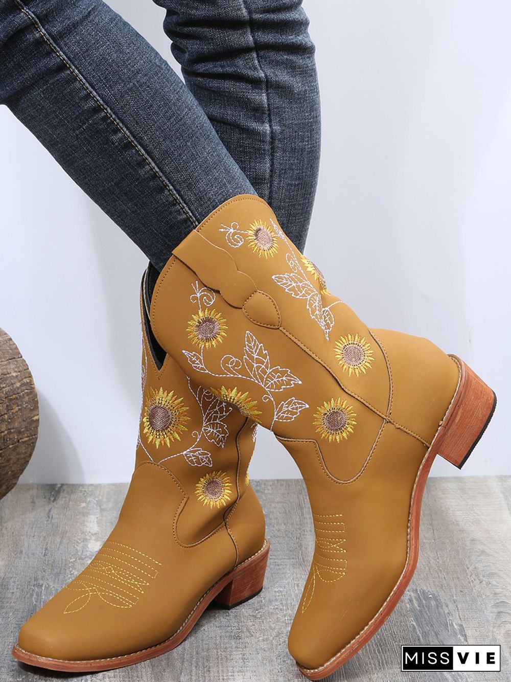 Sunflower Embroidery Boho Cowboy Boots