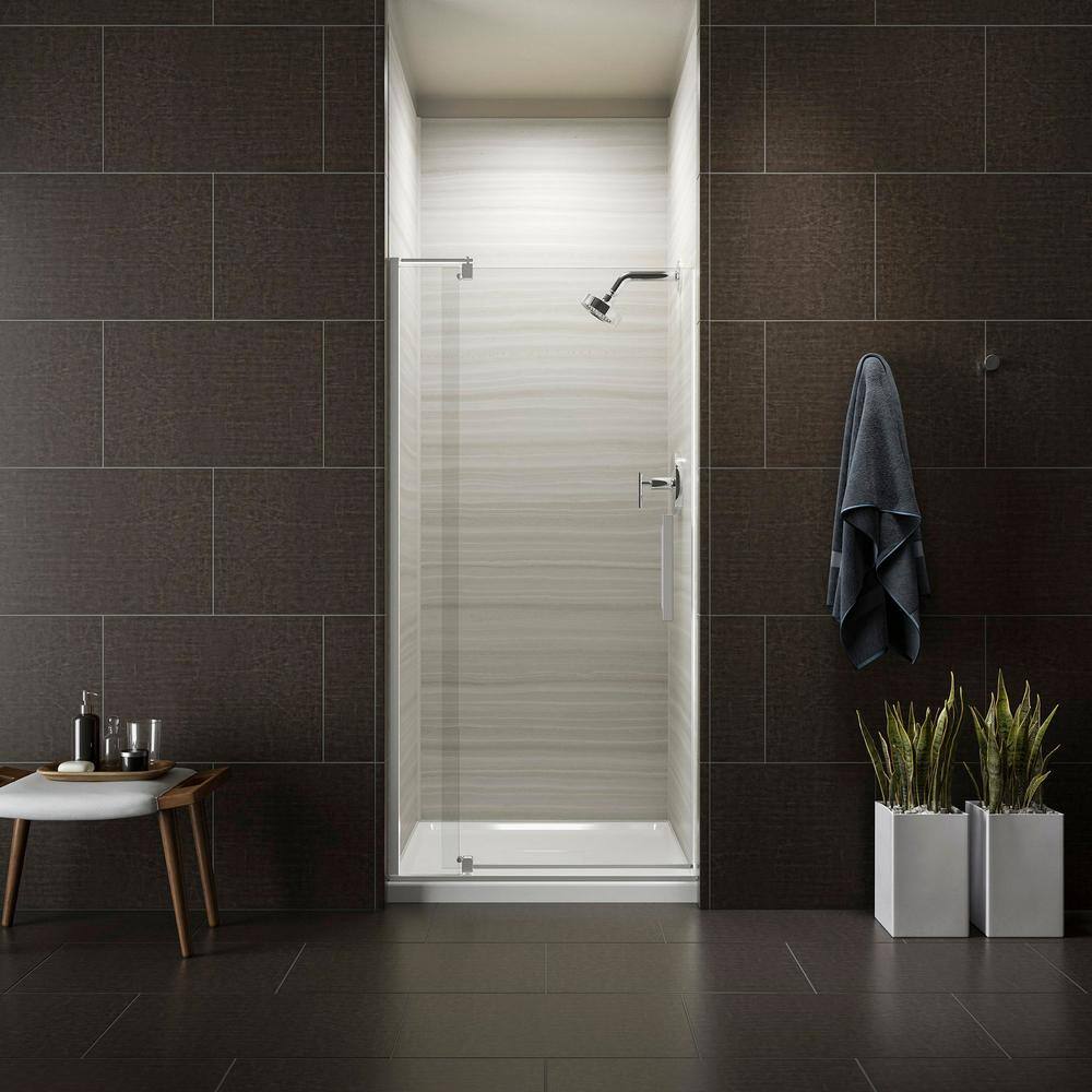 KOHLER Revel 36 in. W x 70 in. H Frameless Pivot Shower Door in Bright Polished Silver with Handle 707510-L-SHP