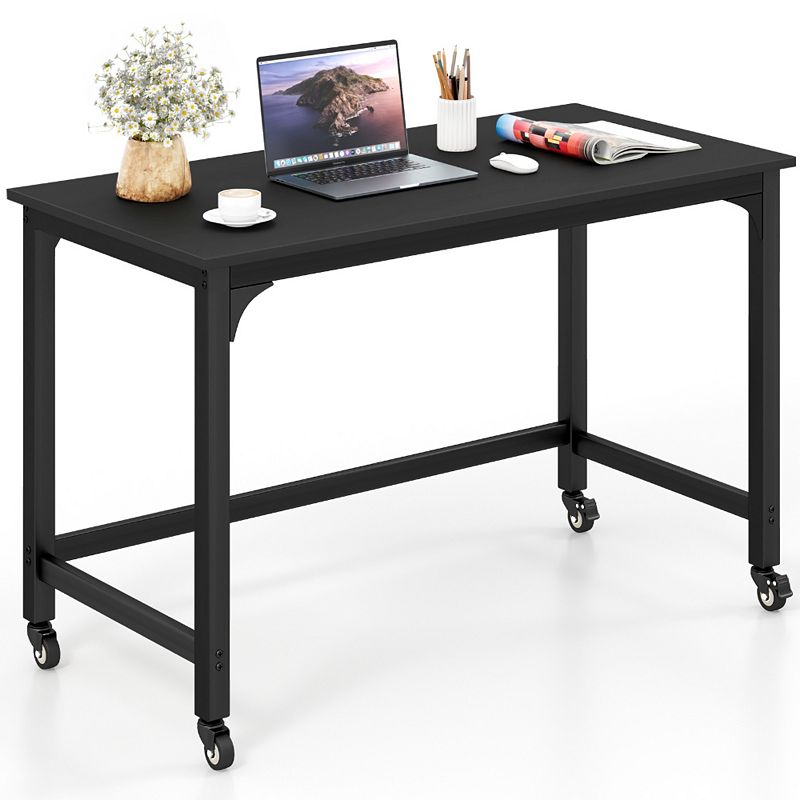 Wood Top Metal Frame Rolling Computer Desk Laptop Table-Black