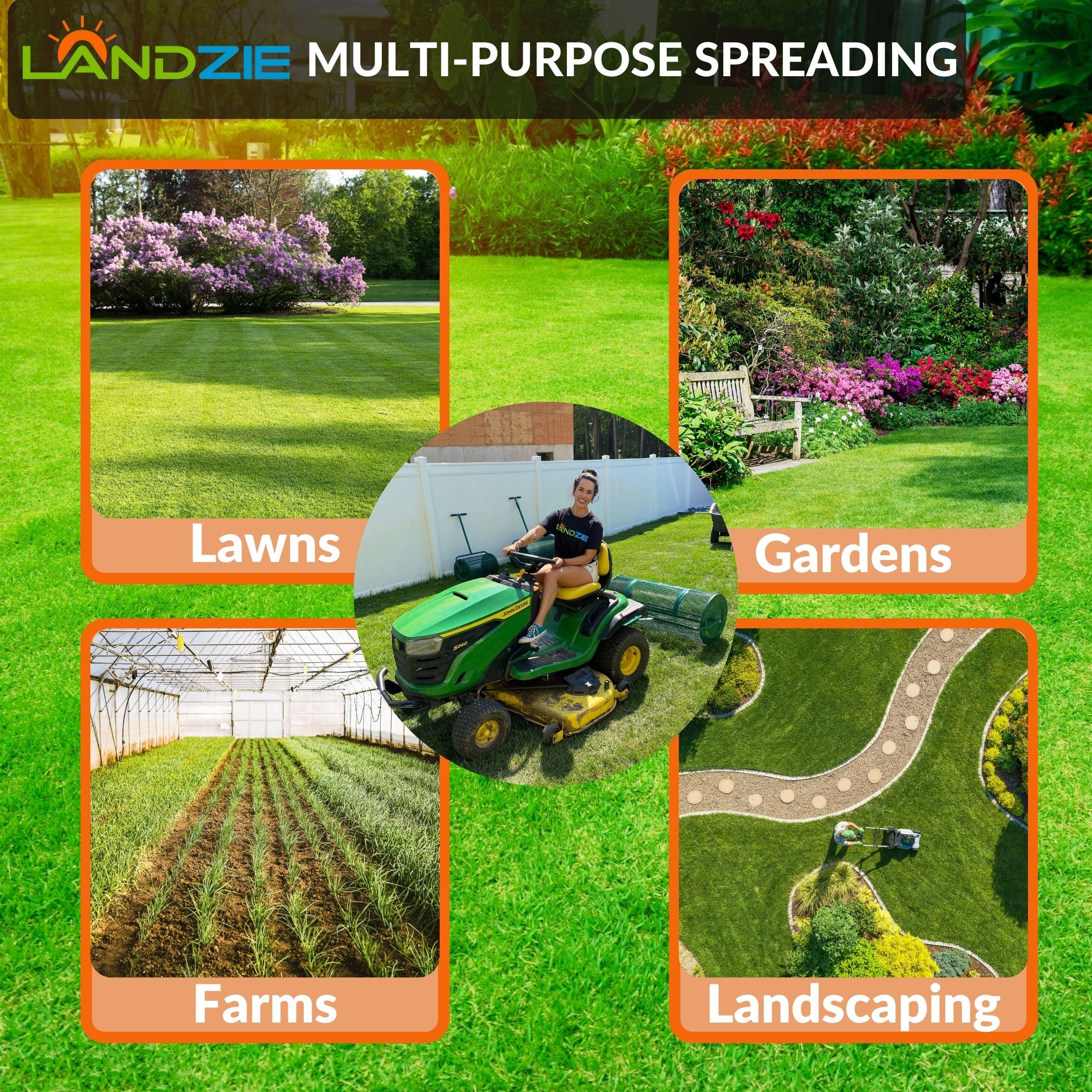 Landzie Lawn & Garden Spreaders - 44 Inch Heavy Duty Metal Mesh Basket Push/Tow Spreader - Compost, Peat Moss, Top Soil, Mulch - Durable Lightweight Multi-Purpose Yard Care Equipment - Manure Spreader