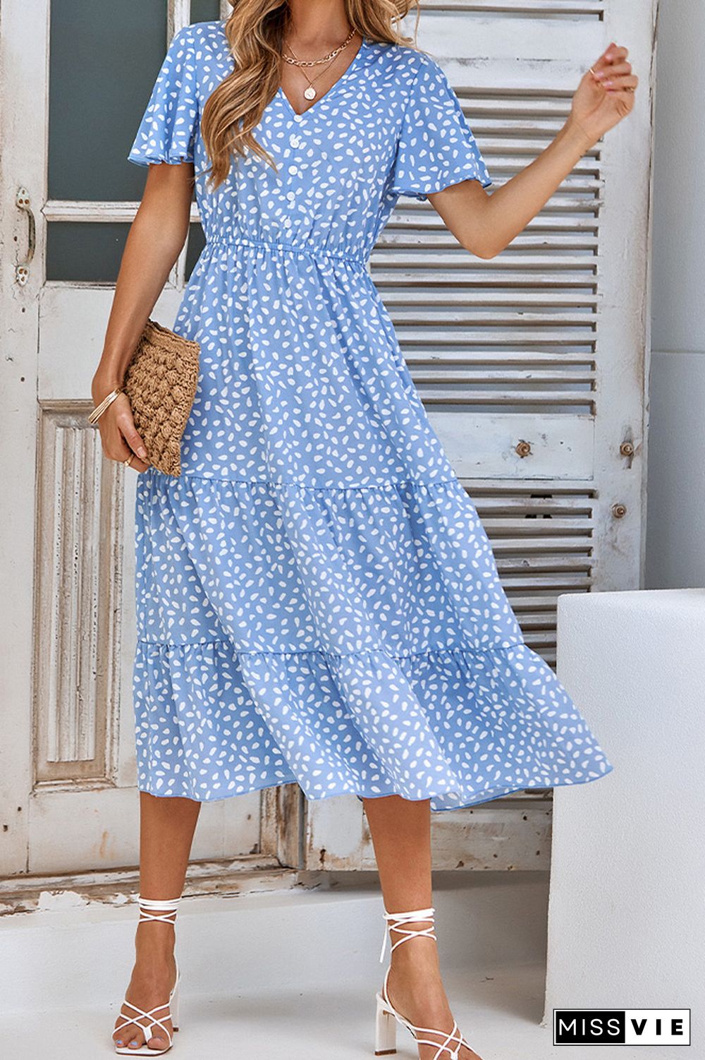 V Neck Printed High Waist Tiered Maxi Dress