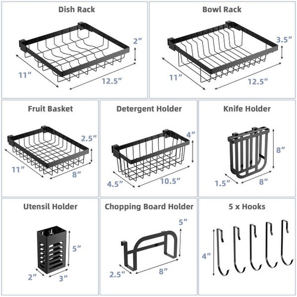 2 Tier Adjustable Over Sink Dish Drying Rack with 8 Hooks - 21-39