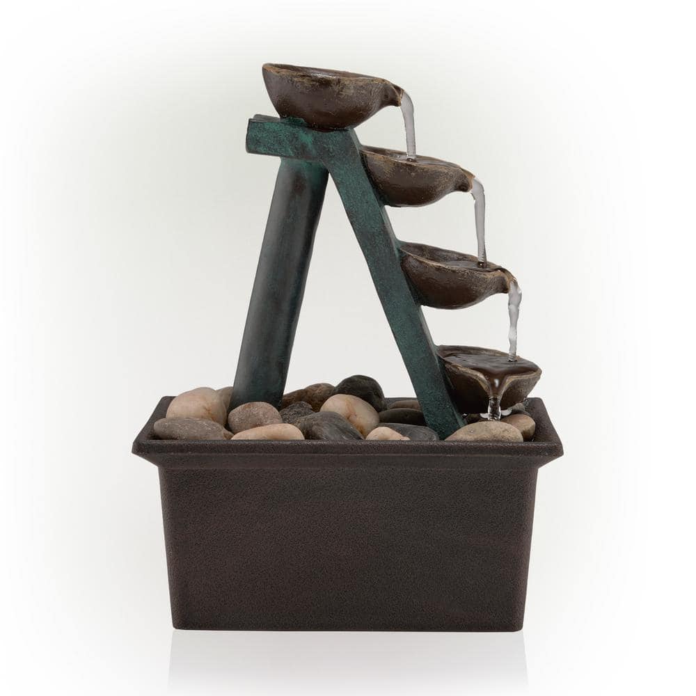 Alpine Corporation 8 in. Tall Indoor/Outdoor 4-Tier Step Tabletop Fountain with Rustic Bowls WCT324