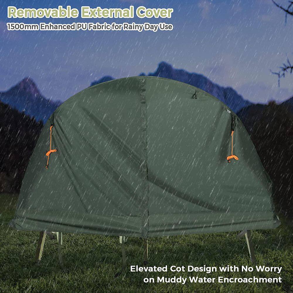 Alpulon 1-Person Green Outdoor Folding Camping Tent Cot Elevated Compact Tent with External Cover ZMWV477