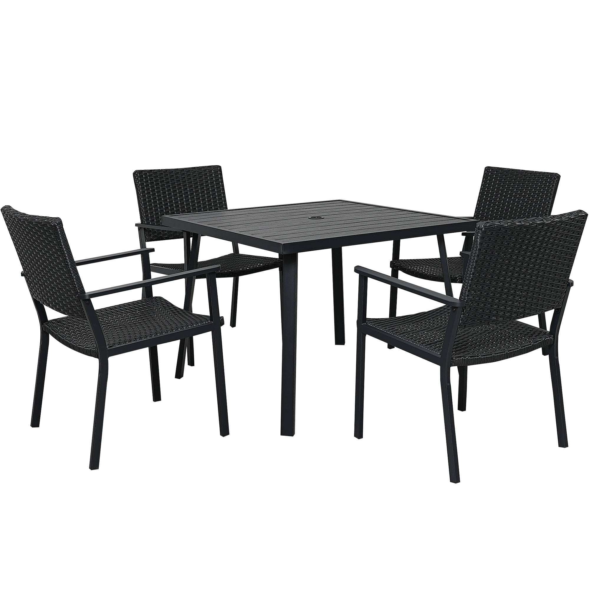 5 Piece Patio Dining Set, BTMWAY PE Rattan Patio Table and Chairs Sets with Umbrella Hole Table and 4 Dining Chairs, Outdoor Patio Bistro Sets for Backyard Garden Balcony, Black Wicker