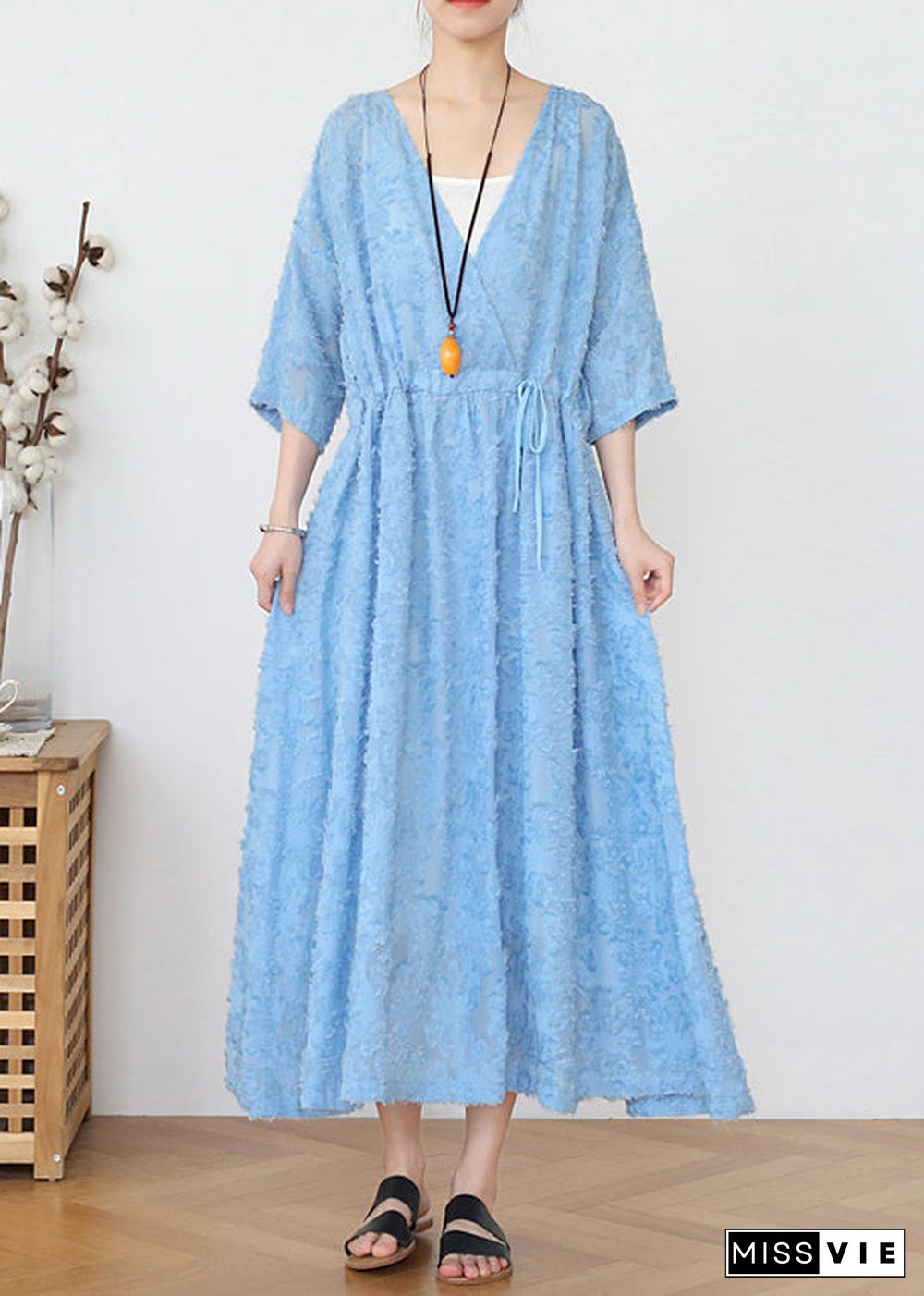 Classy Blue V Neck Cinched Hollow Out Chiffon Maxi Dress Long Sleeve