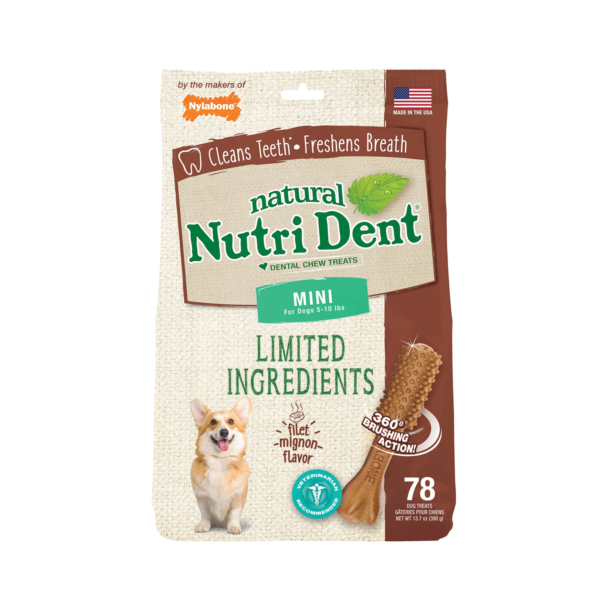 Nylabone Nutri Dent Limited Ingredients Mini Filet Mignon Dental Chews for Dogs， 13.7 oz.， Count of 78