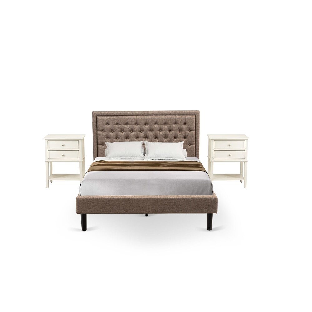 East West Furniture Queen Bedroom Set   Queen Bed Dark Khaki Headboard with Night Stand   Black Finish Legs(Pieces Option)