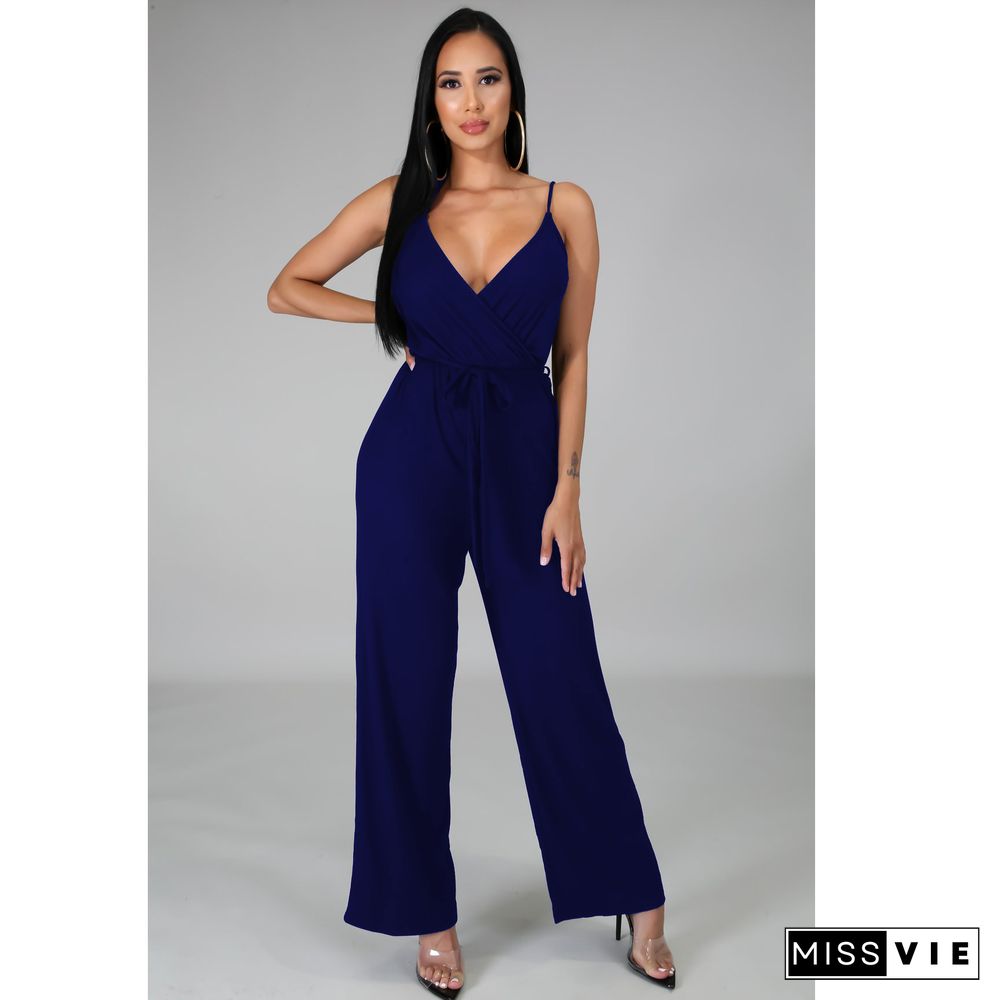 Women Elegant Summer Deep V Neck Sleeveless Solid Color Wide Leg Spaghetti Strap Bandage Jumpsuit