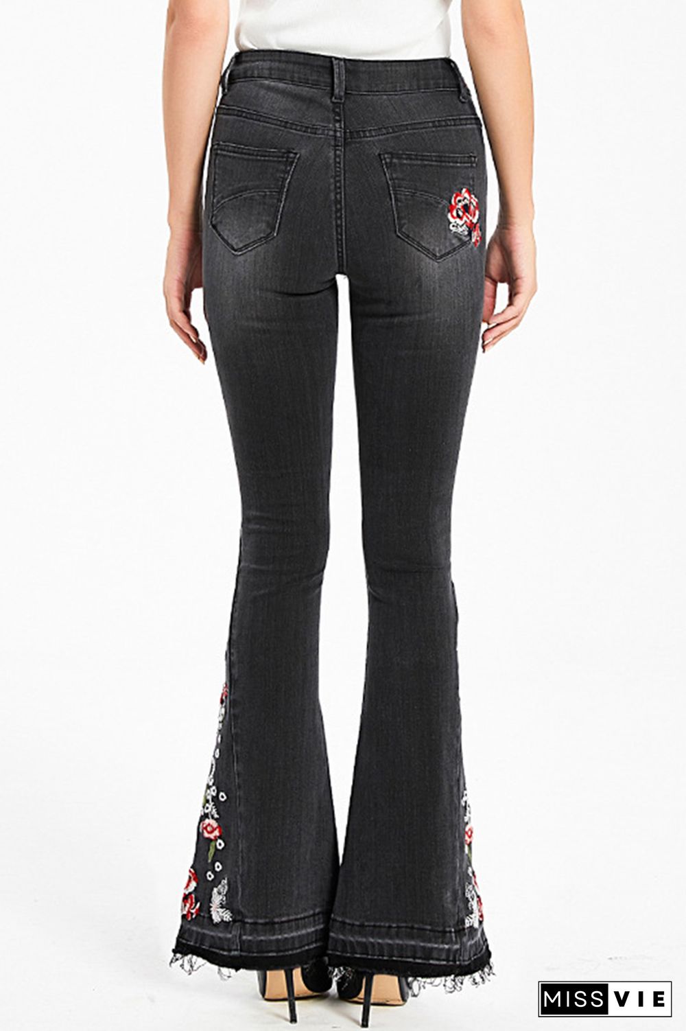 Black Bleach Embroidered Side Bell Bottom Flared Jeans Wholesale Boutique