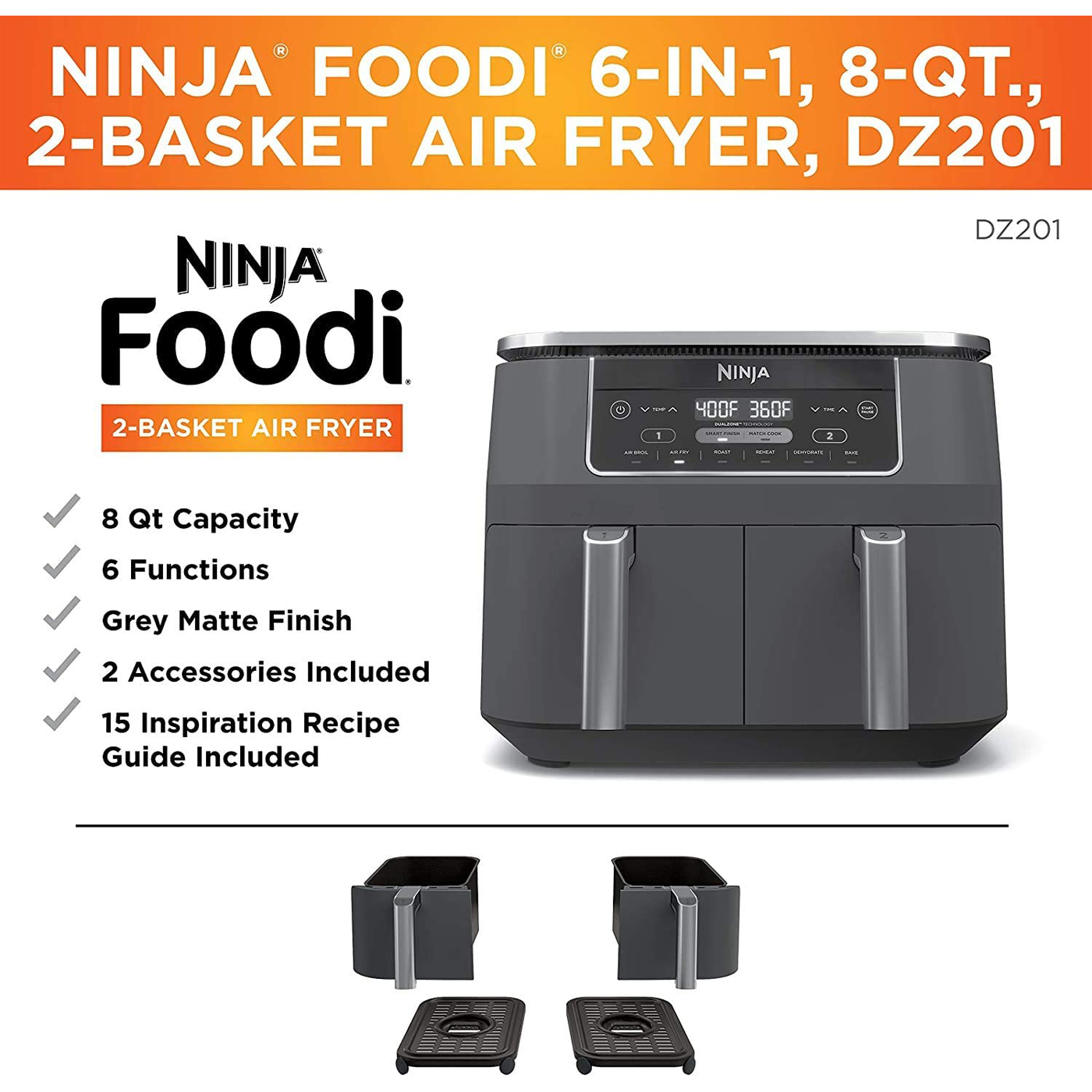 Ninja DZ100 Foodi 4-in-1 8-Quart 2-Basket Air Fryer with DualZone Technology (Certified Used)