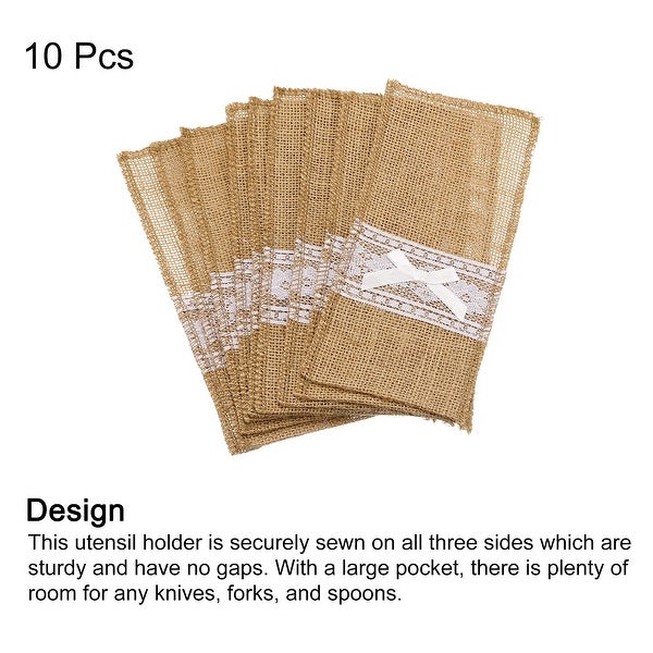 10Pcs Burlap Lace Utensil Holder Knife Forks Bag Cutlery Pouch for Wedding Decor - Light Brown