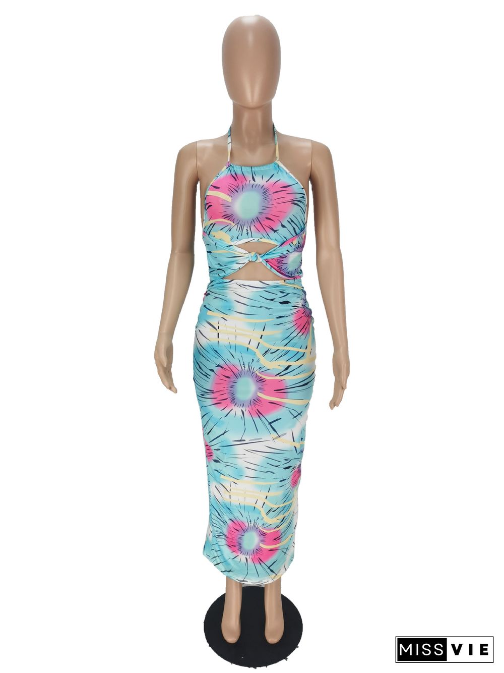 Cut Out Print Halter Backless Skinny Maxi Dresses