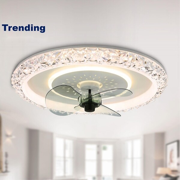 Oaks Aura 20in.Glam Crystal Low Profile Ceiling Fan with Light， 6- Speed Flush Mount Ceiling Fan With Remote - White Shopping - The Best Deals on Ceiling Fans | 41068431