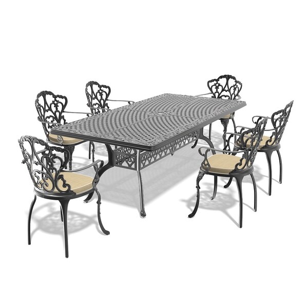 7/9Piece Cast Aluminum Outdoor Dining Set with 82.68'' L X 41.34'' W Rectangular Table and Random Color Seat Cushions