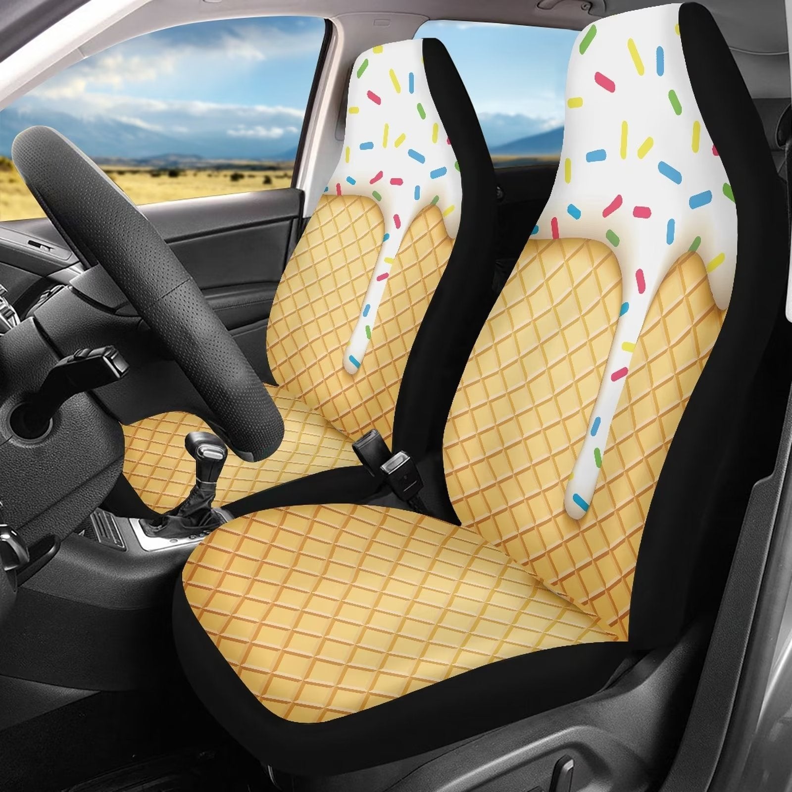 FKELYI Cream Biscuit Car Seat Covers Front Only，Comfortable Driving Seat Cushion Covers for Ladies and Men，Universal Saddle Blanket Car Interior Decor Set of 2 for Auto Cars