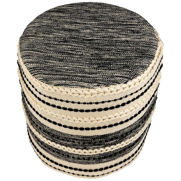 Striped Cream And Black Outdoor Woven Pouf Ottoman