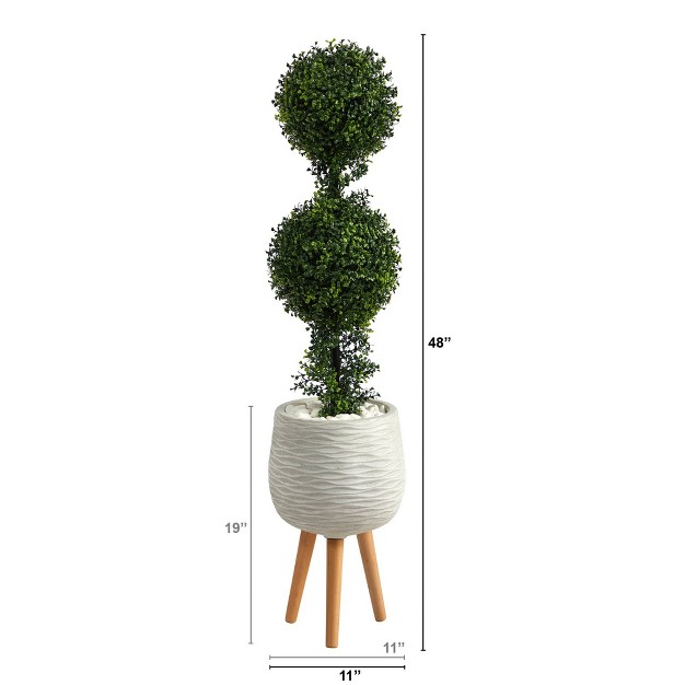 Nearly Natural 4-ft Boxwood Double Ball Topiary Artificial Tree In White Planter With Stand (indoor/outdoor)