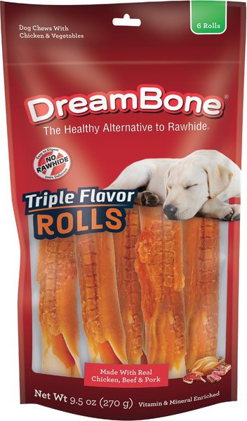 DreamBone Triple Flavor Rolls Dog Treats， 6 count