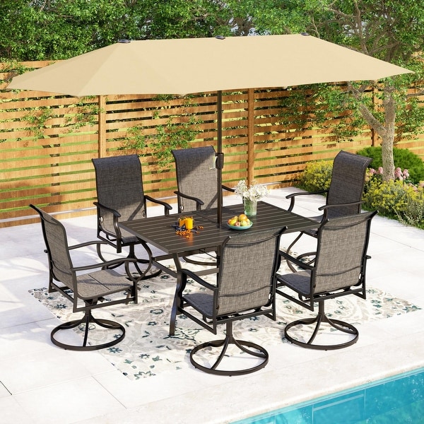 MAISON ARTS 7/8 Pieces Patio Dining Set，Rectangular Black Metal Table with 6 Padded Textilene Fabric Swivel Chairs