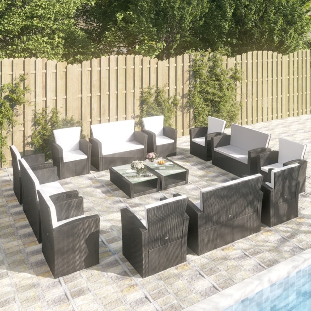 16 Piece Patio Lounge Set with Cushions Poly Rattan Black - Overstock - 35848104