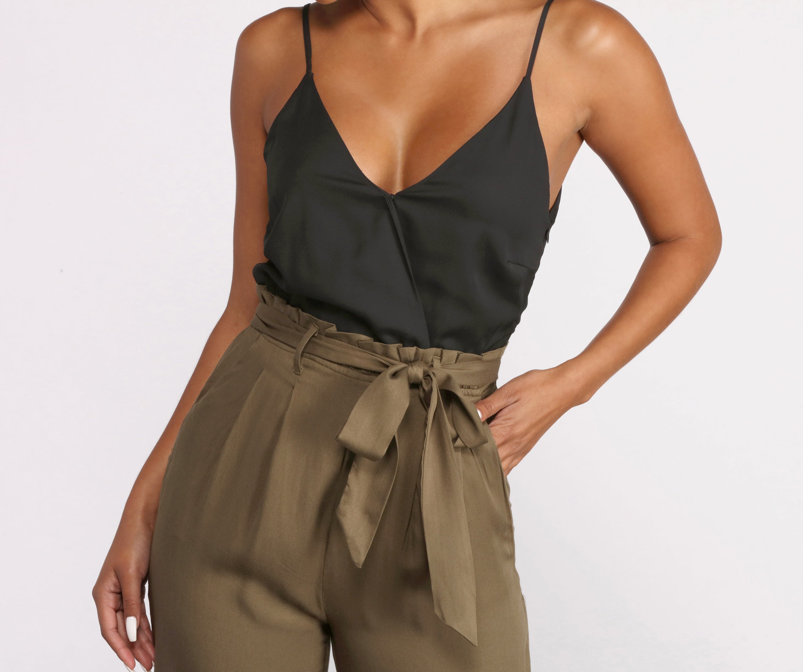 Two Tone Sleeveless V-Neck Paperbag Jumpsuit