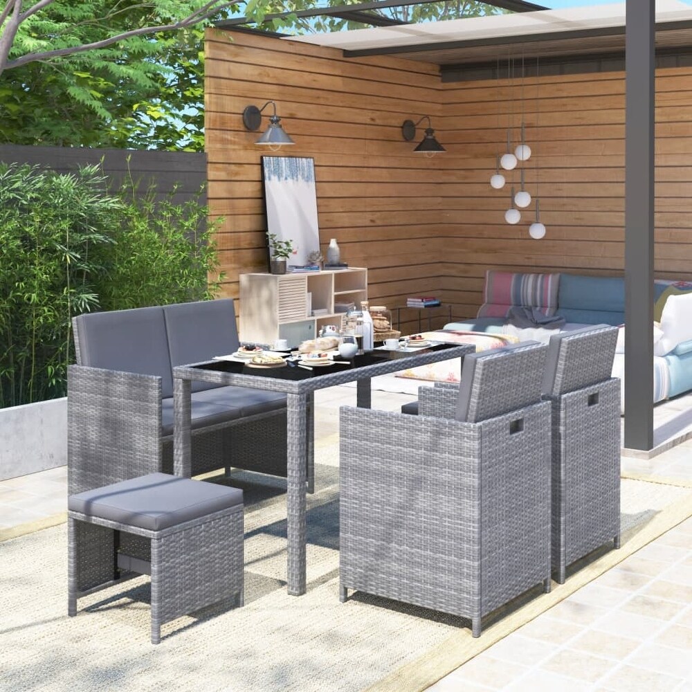 vidaXL 6 Piece Patio Dining Set with Cushions Poly Rattan Gray   48.4\