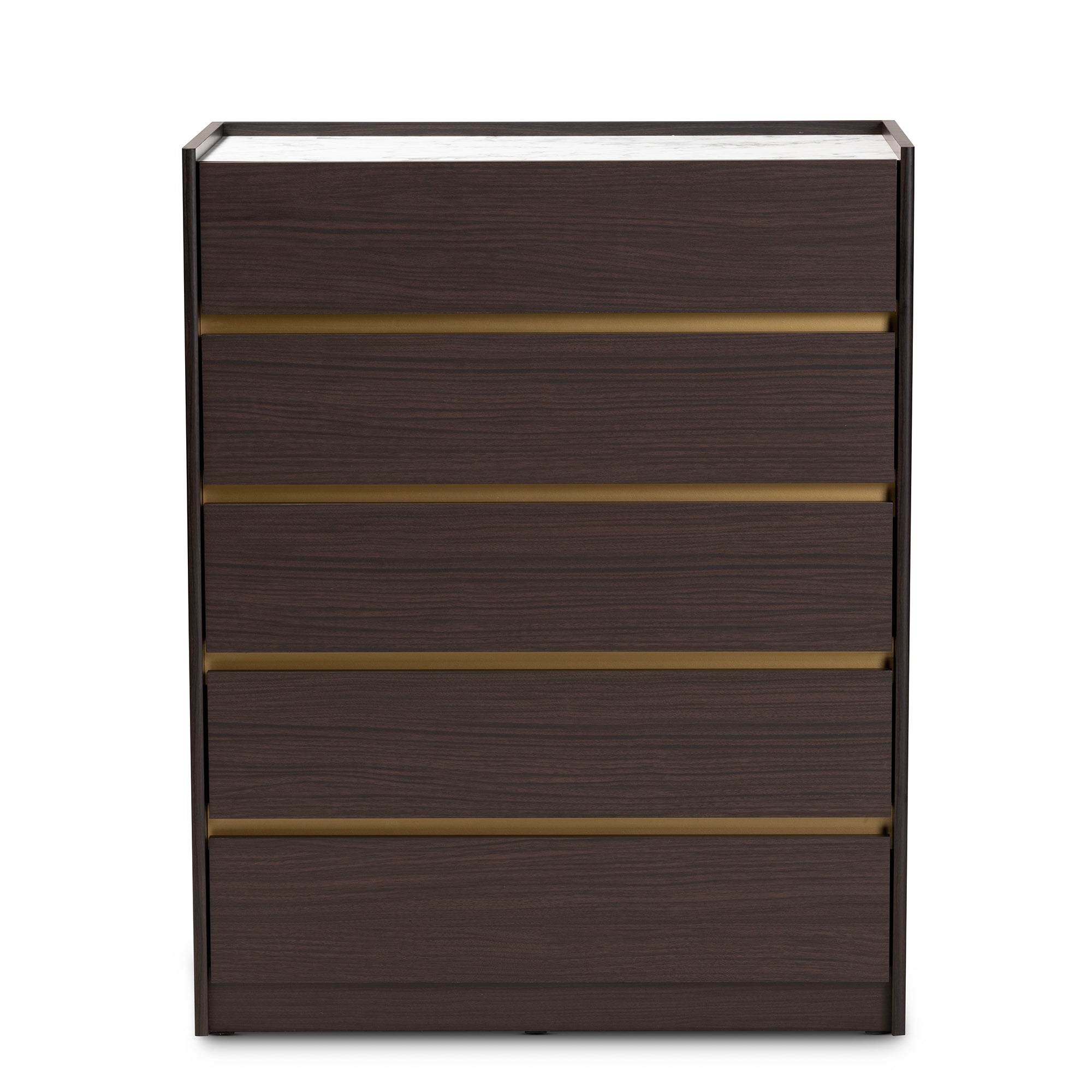 Baxton Studio Walker Modern and Contemporary Dark Brown and Gold Finished Wood 5-Drawer Chest with Faux Marble Top