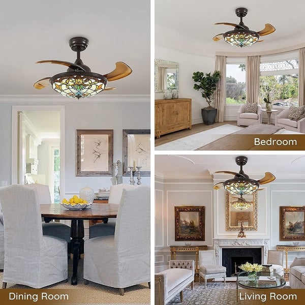 36'' Retractable  Ceiling Fan with Light and Remote Reversible Stained Chandelier Fan with Dimmable LED Light Shopping - The Best Deals on Ceiling Fans | 40911142