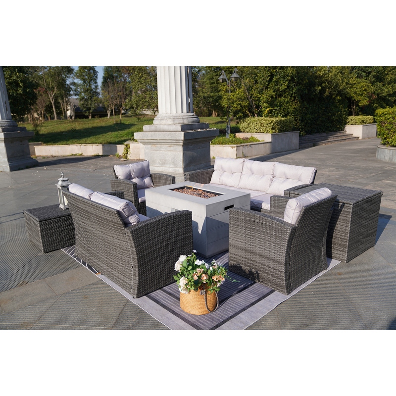 7 Piece Outdoor Wicker Conversation Sofa Set with Fire Pit