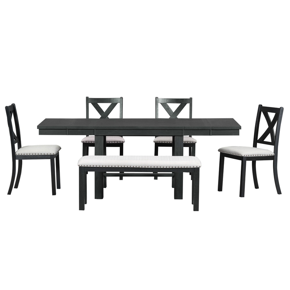 Farmhouse 6 Piece Dining Set with Rectangular Extendable Dining Table and Upholstered Chairs   Bench w/Nailhead for Diningroom