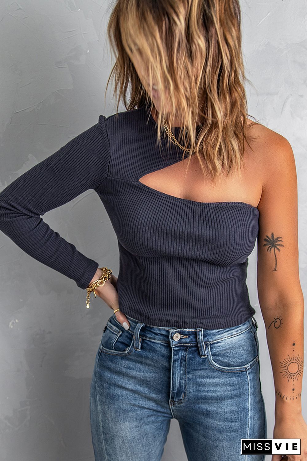 Cut-out One Shoulder Slim-fit Ribbed Top