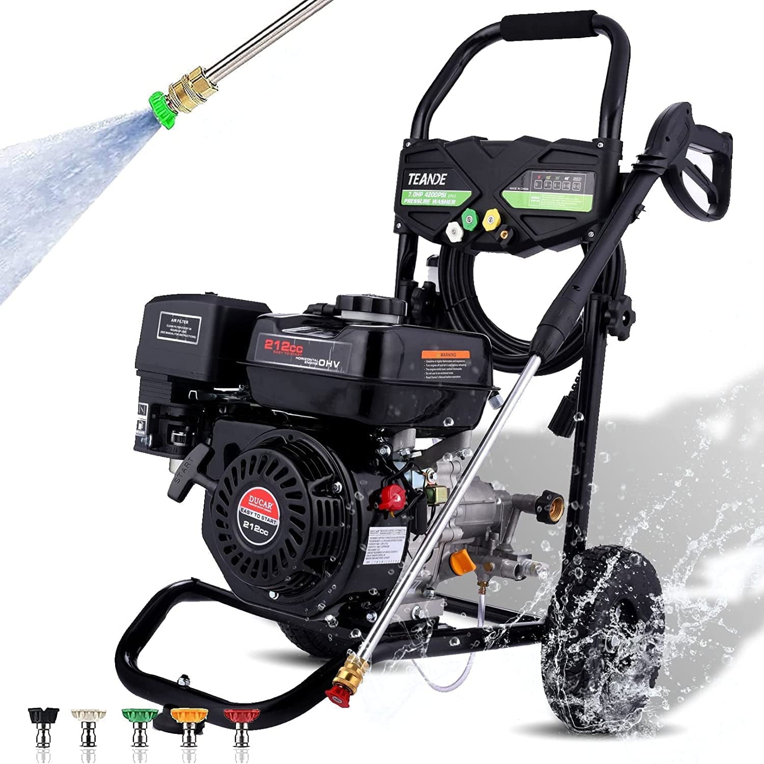 Gas Pressure Washer, 2.6GPM Commercial Power Washer Gas Powered, 212cc 7.0 HP Engine, Includes 0.7L Soap Tank, 5 QC Nozzles, 20’ Hose