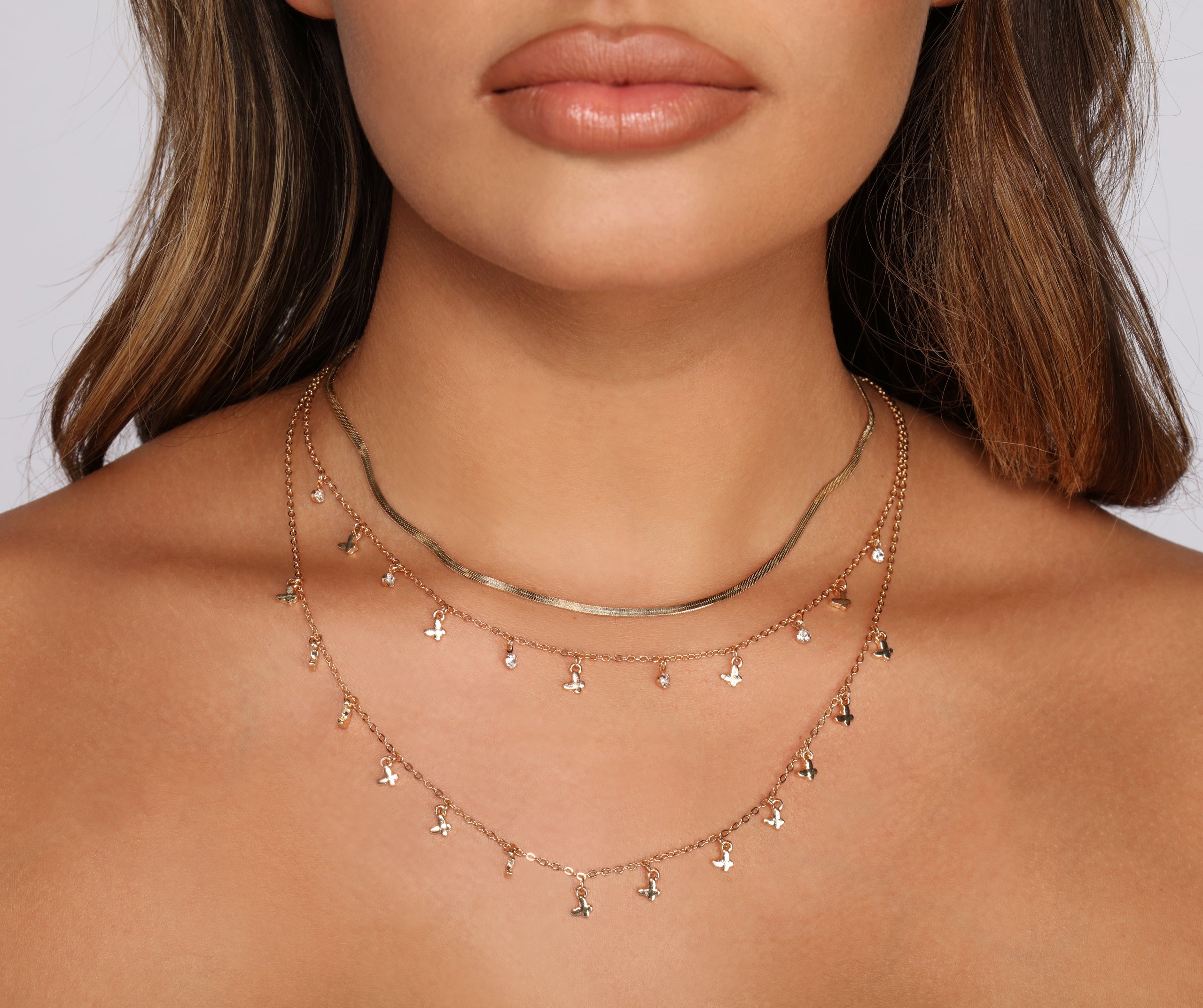 Three Row Rhinestone and Snake Chain Necklace