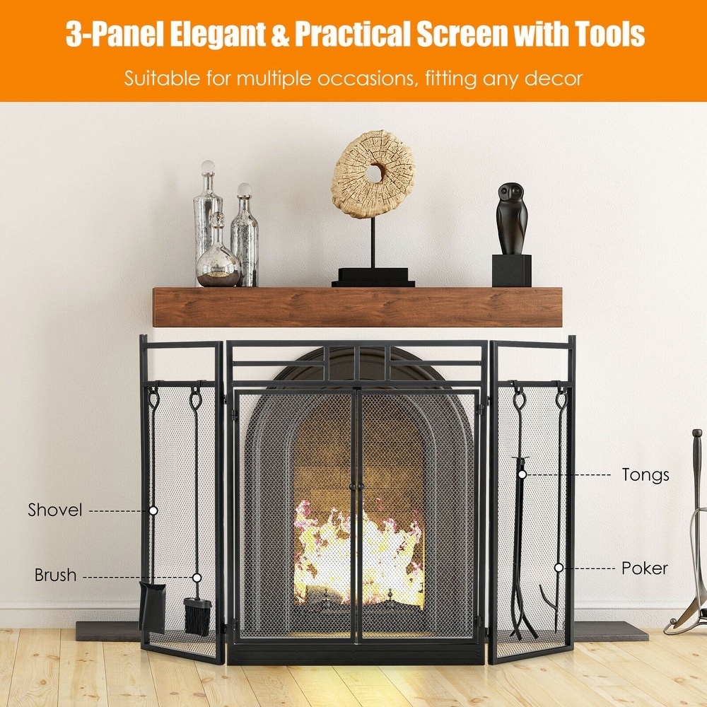 Gymax 3 Panel Folding Wrought Iron Fireplace Screen W/ Doors   4   See Details