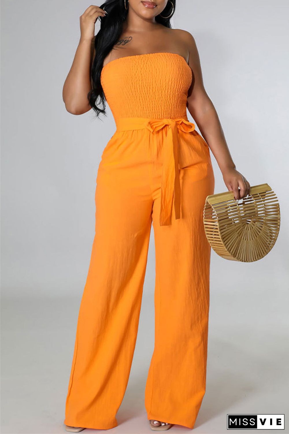 Orange Fashion Casual Solid Backless Strapless Regular Jumpsuits