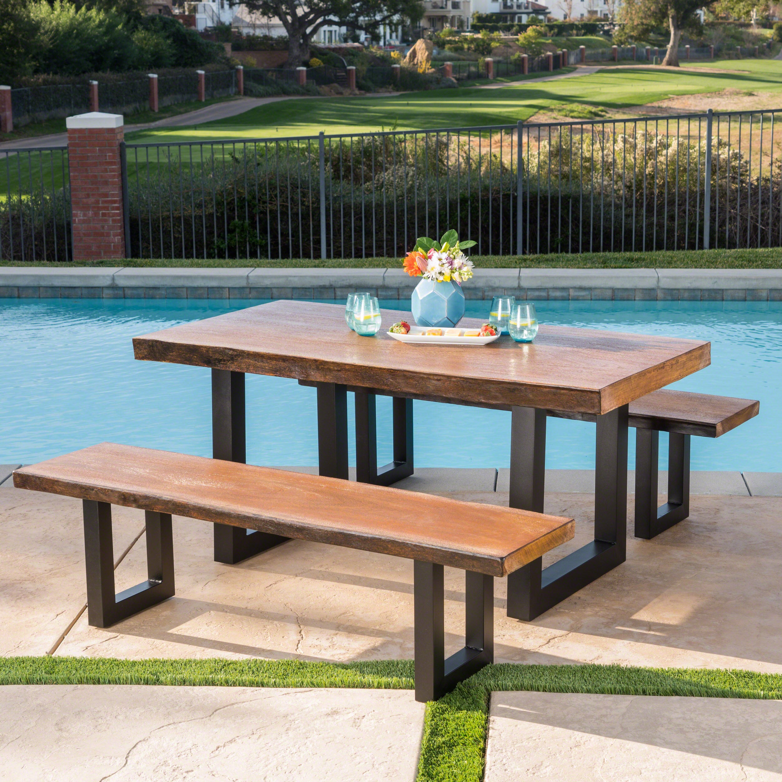 Ishtar Outdoor 3 Piece Faux Live Edge Teak Finish Lightweight Concrete Picnic Set