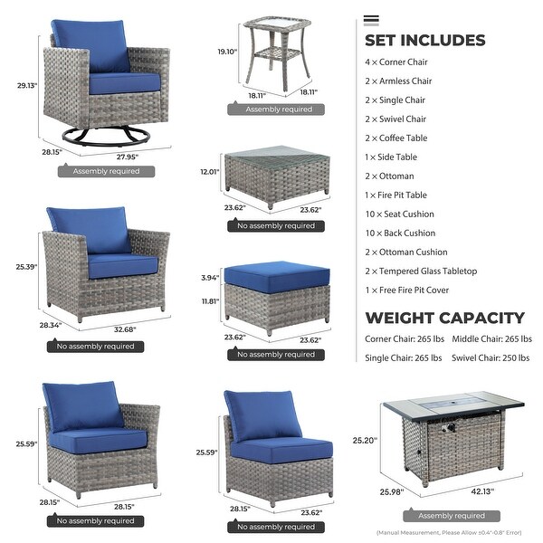 HOOOWOOO 16piece Outdoor Patio Grey Wicker Rattan Furniture Sectional Set with Fire Pit Table