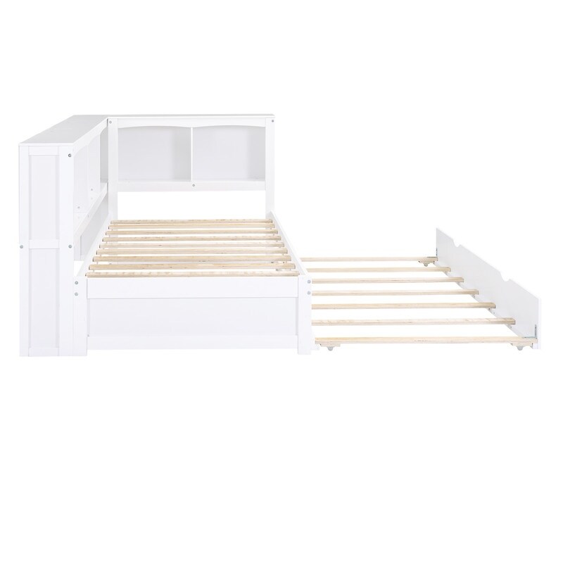 Twin Size Day Bed with Bookcases and Trundle and USB Ports  Wood Color