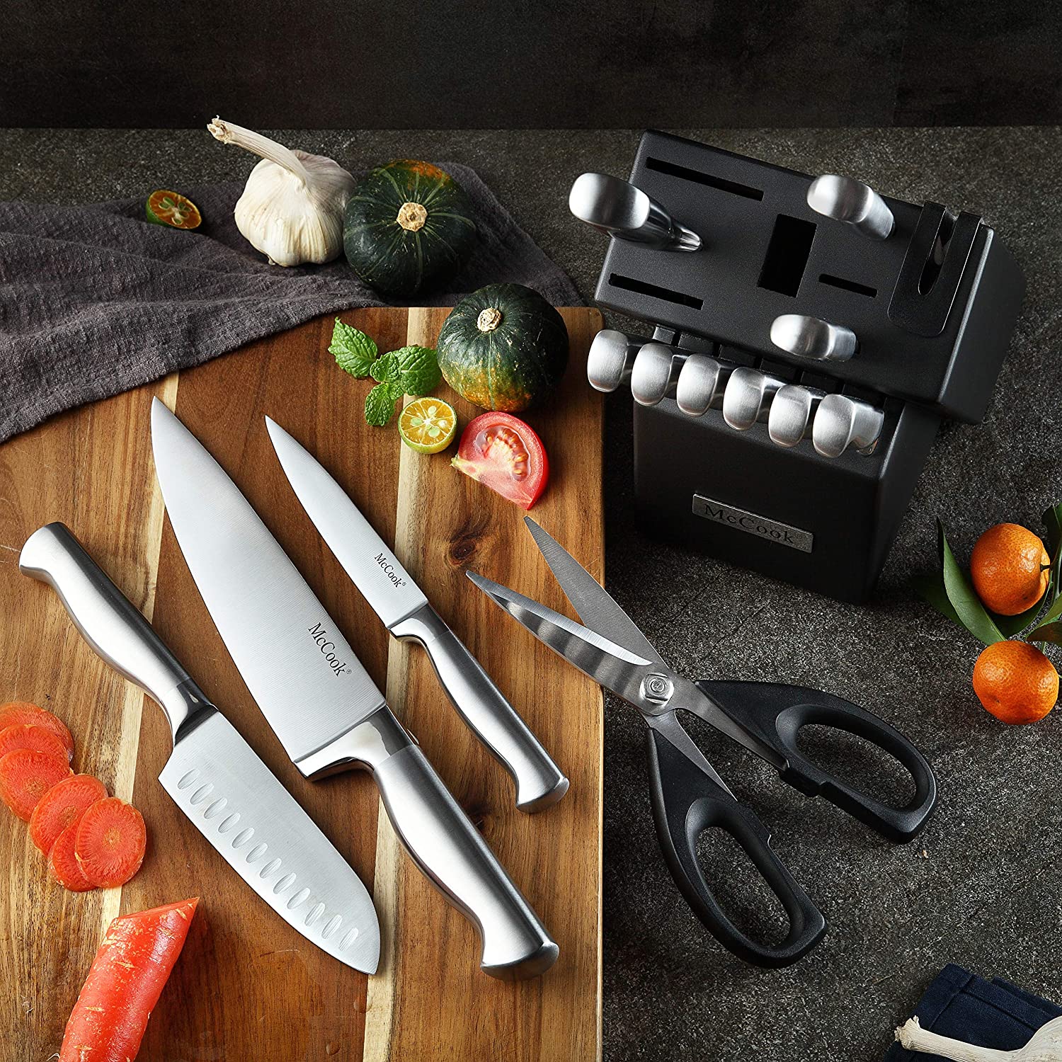 McCook® MC21 Knife Sets，15 Pieces German Stainless Steel Knife Block Sets with Built-in Sharpener